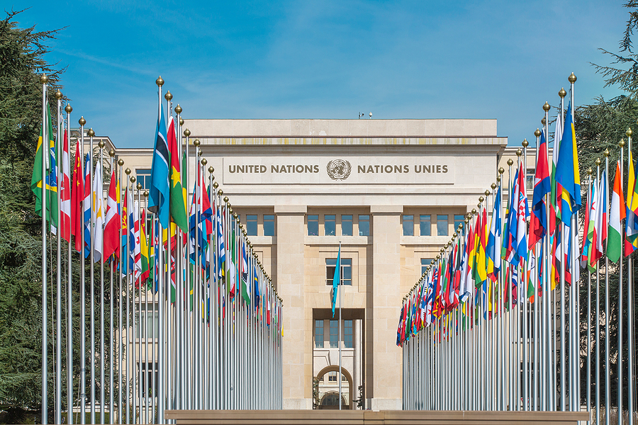 Switzerland; Geneva; March 23, 2017; The rows of the United Nations member states flags in front of the United Nations Office in Geneva.