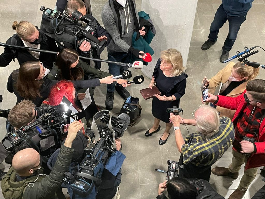 Päivi Räsänen at court. She will face trial at the Finnish Supreme Court.