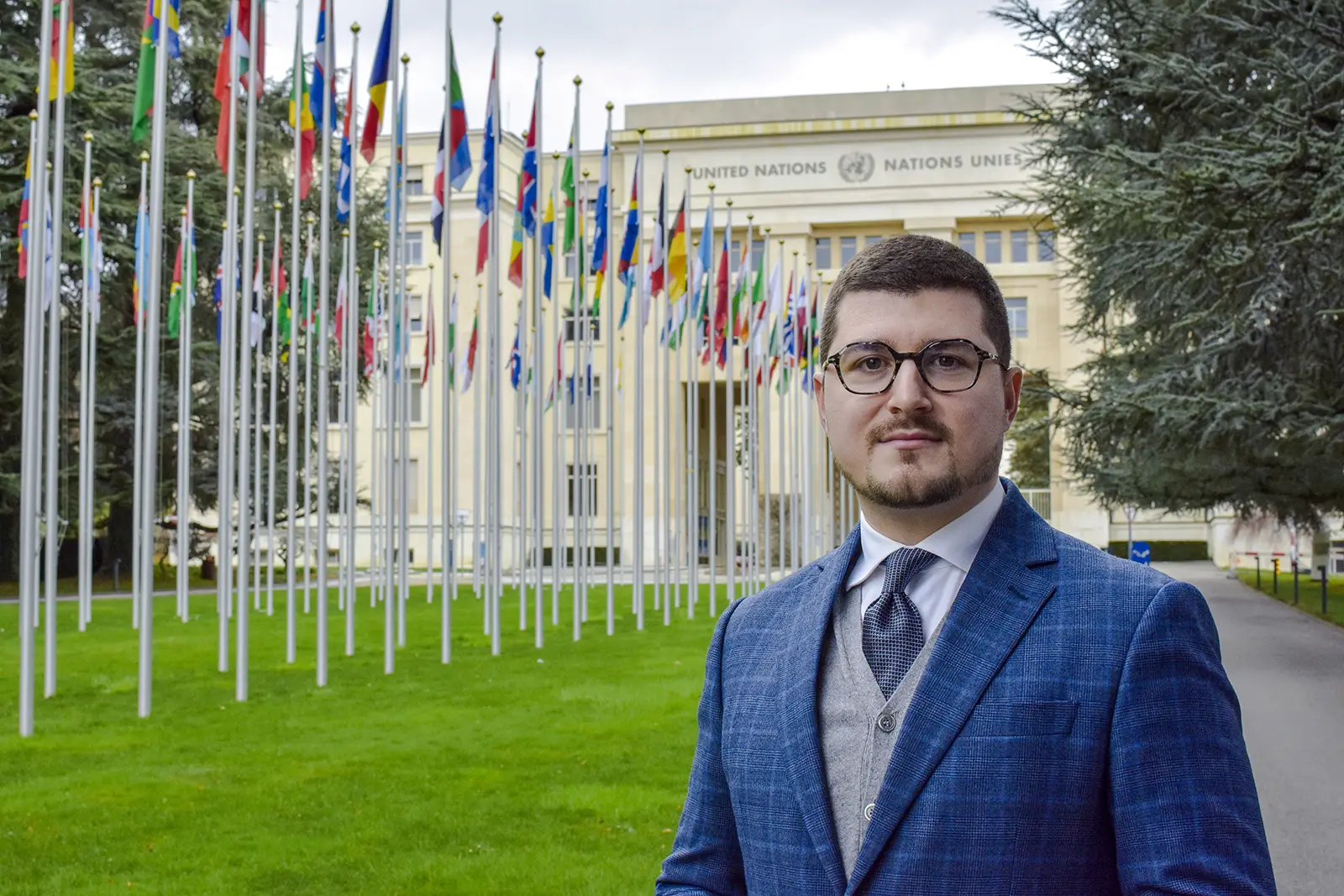Giorgio Mazzoli in front of the UN in Geneva. The WHO pandemic treaty is negotiated by UN member states.