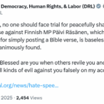 US State Department Speaks Out in Support of Parliamentarian Prosecuted for Bible-Verse Post: “In a Democracy, No One Should Face Trial for Peacefully Sharing Their Beliefs”